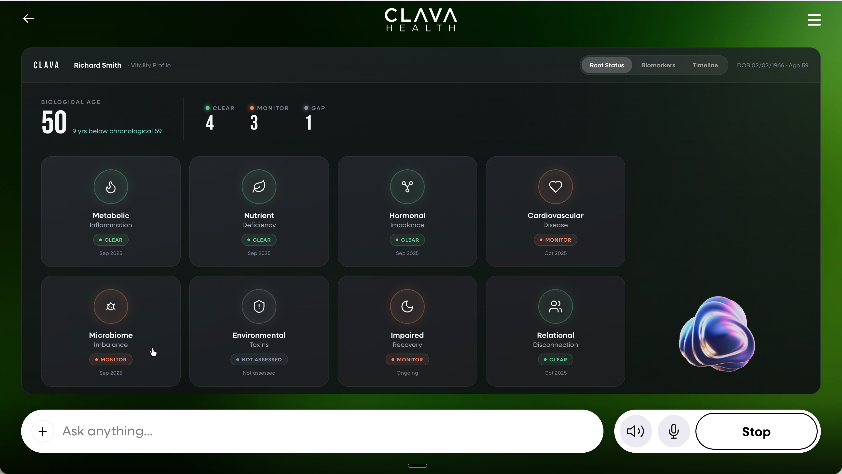 Clava Concierge member platform — live vitality dashboard organized around the eight root causes