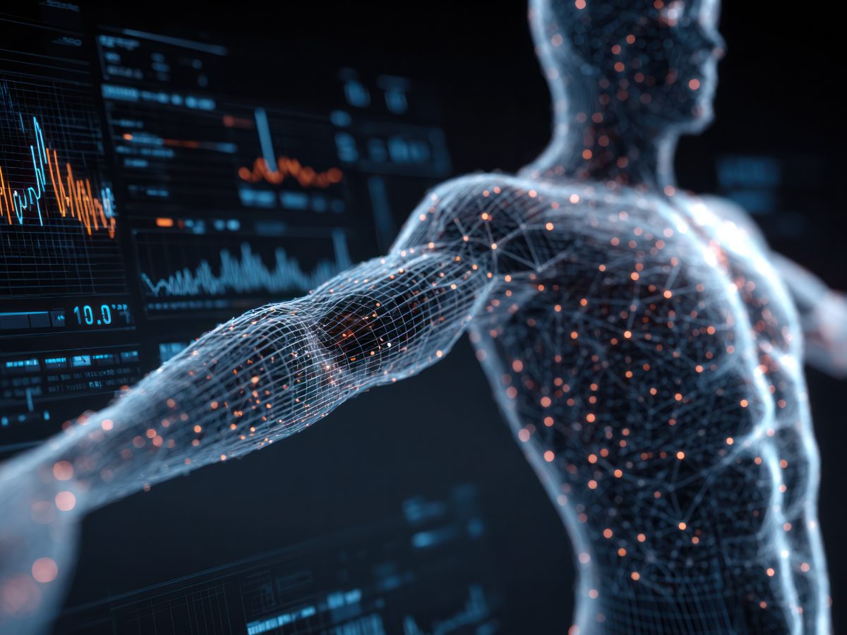 Diagnostic Testing — biometric body data and wireframe analytics visualization