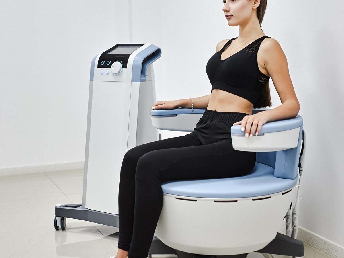 EMSella — woman seated on the EMSella pelvic floor restoration chair in a clinical treatment room